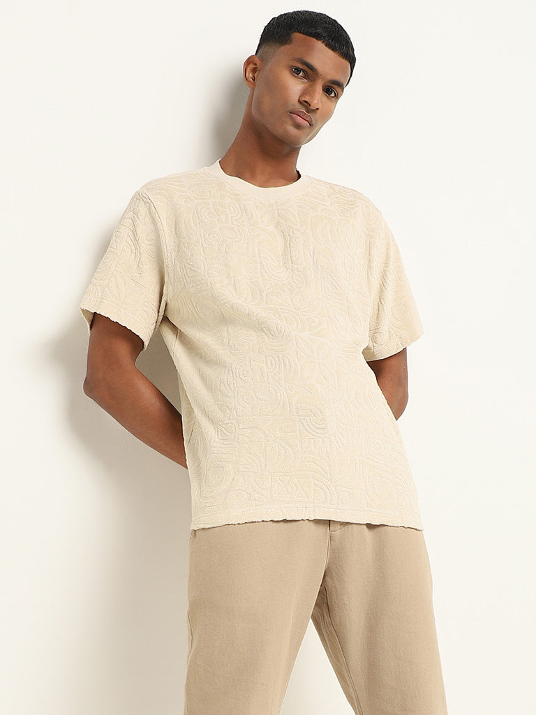 ETA Beige Self-Patterned Cotton Slim Fit T-Shirt