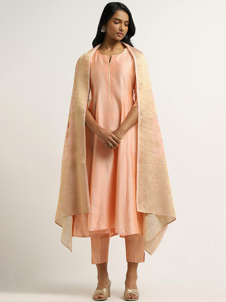 Buy Vark Peach Printed Buttondown Kurta Pants and Dupatta Set