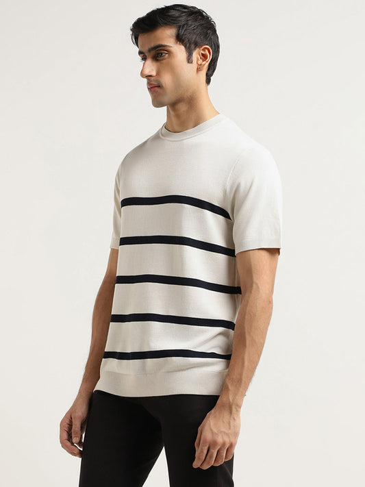 Ascot Off White Striped Relaxed Fit T-Shirt