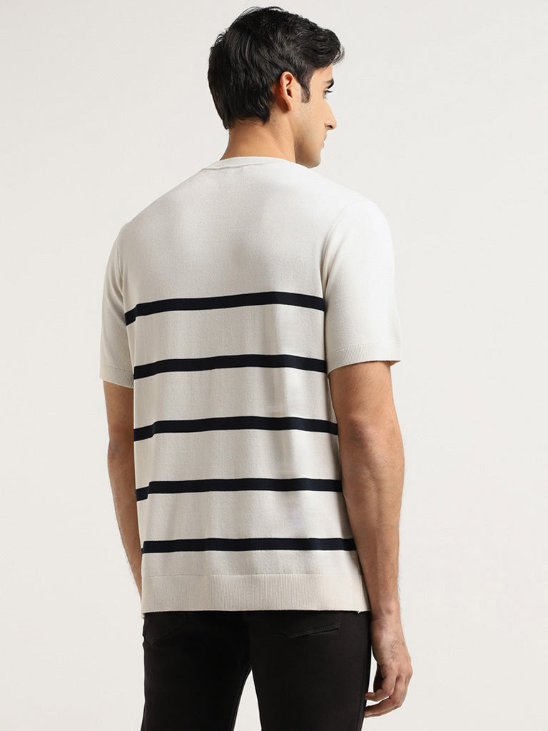 Ascot Off White Striped Relaxed Fit T-Shirt