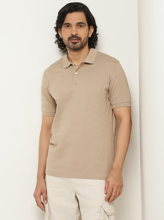 WES Casuals Beige Self-Patterned Cotton Slim Fit T-Shirt