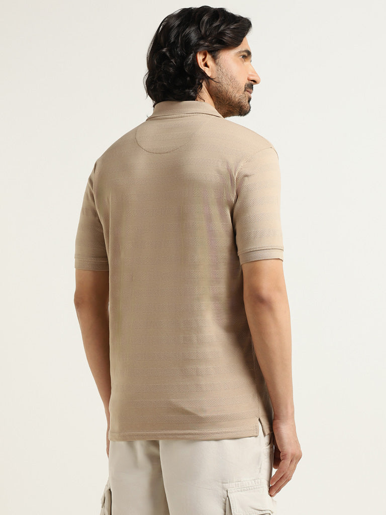 WES Casuals Beige Self-Patterned Cotton Slim Fit T-Shirt