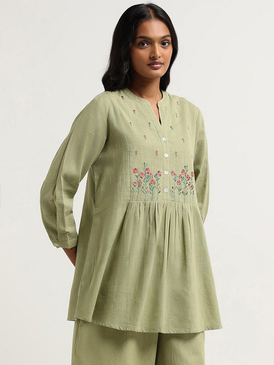 Utsa Green Floral Embroidered Cotton Tunic