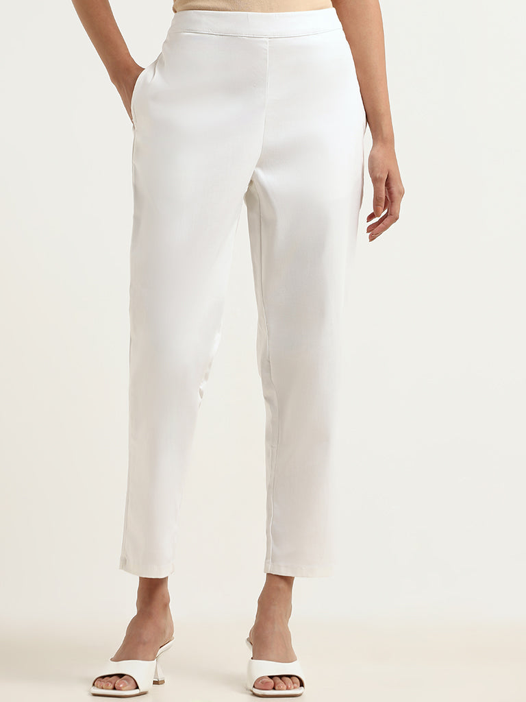 Utsa White Cotton-Blend Straight-Leg Pants