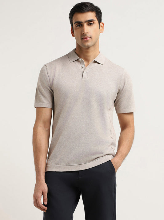 Ascot Beige Self-Patterned Cotton Relaxed Fit T-Shirt