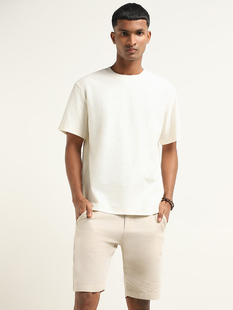 ETA Off White Self-Patterned Cotton Slim Fit T-Shirt