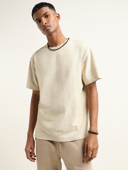 ETA Beige Self-Textured Cotton Slim Fit T-Shirt