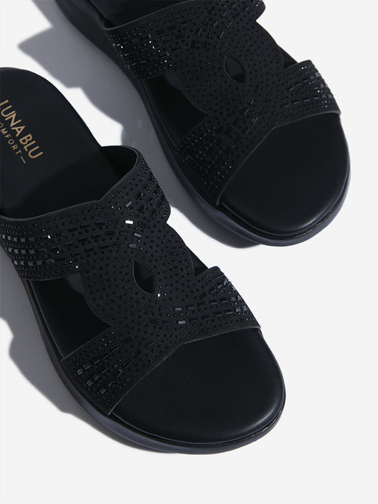 LUNA BLU Black Embellished Comfort Sandals