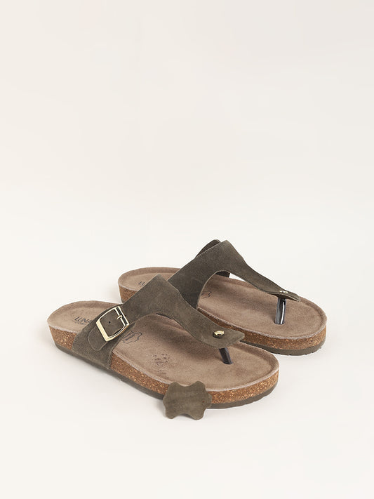 LUNA BLU Olive Suede T-Bar Comfort Sandals