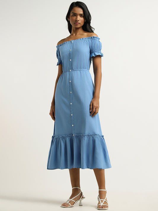 LOV Blue Off-Shoulder Blended Linen Dress