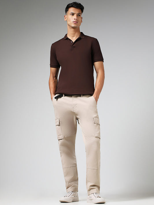 WES Casuals Solid Brown Cotton Blend Slim Fit Polo T-Shirt