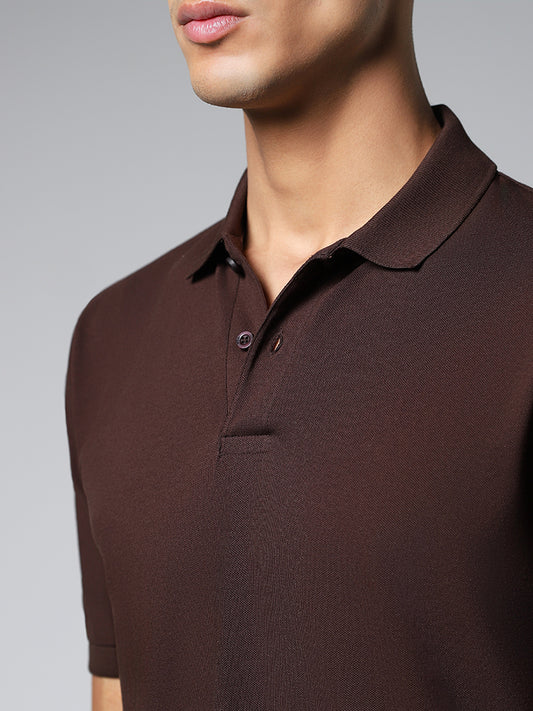 WES Casuals Solid Brown Cotton Blend Relaxed Fit Polo T-Shirt