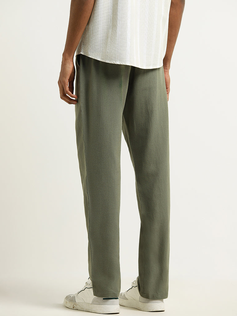 ETA Green Mid Rise Cotton Blend Relaxed Fit Trousers