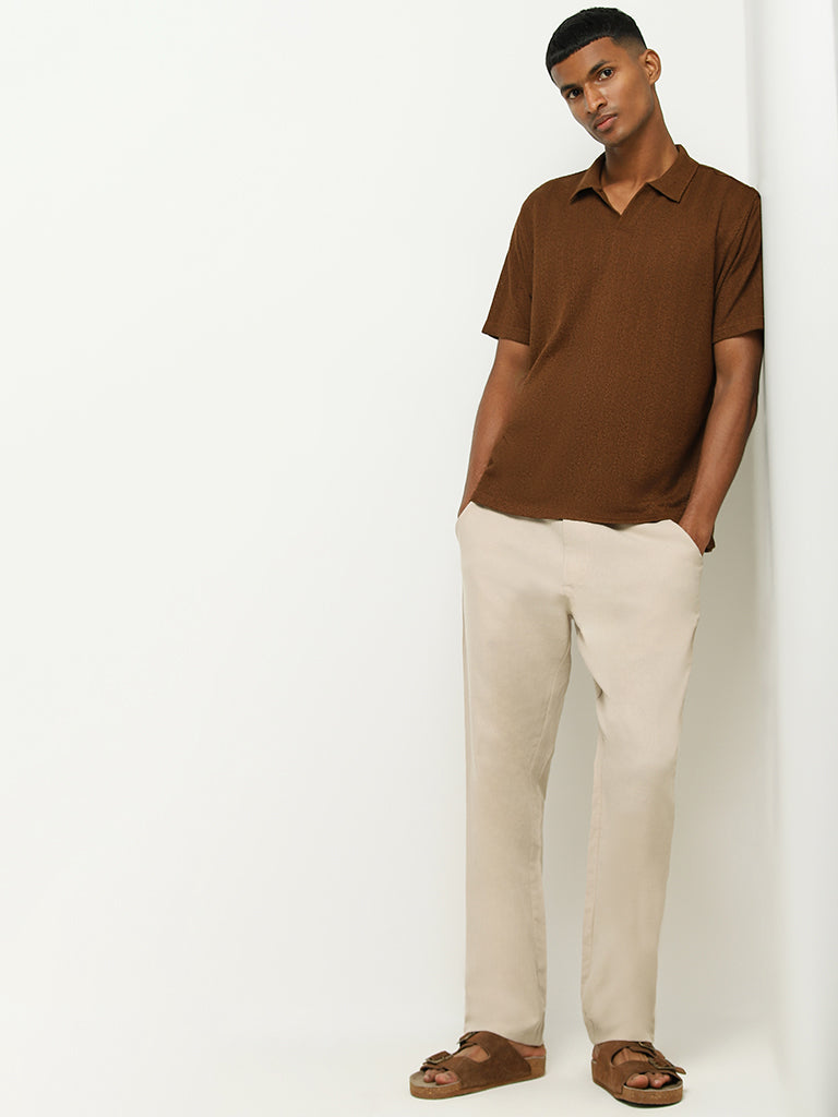 Westside ETA Men's Beige Mid Rise Cotton-Blend Relaxed Fit Trousers for Casual Wear Full View