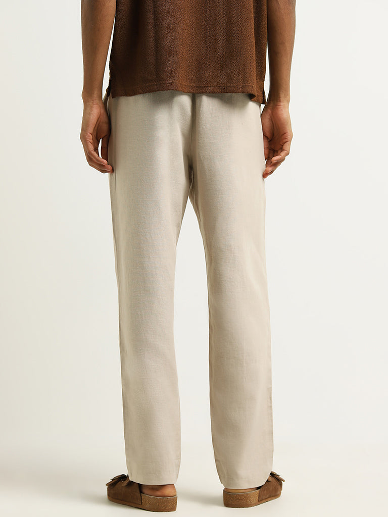 Westside ETA Men's Beige Mid Rise Cotton-Blend Relaxed Fit Trousers for Casual Wear Back View