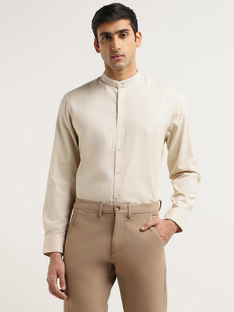 Ascot Beige Solid Cotton Relaxed Fit Shirt