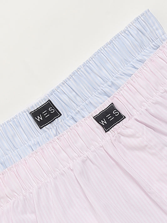 WES Lounge Light Blue Striped Cotton Boxers - Pack of 2