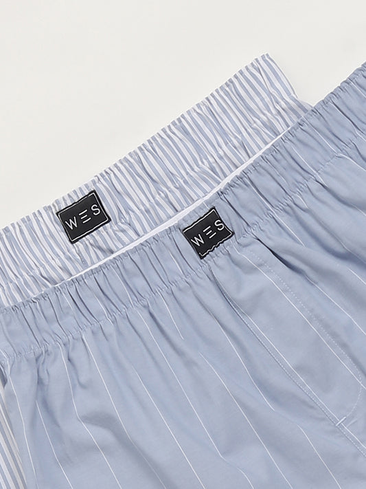 WES Lounge Blue Striped Cotton Boxers - Pack of 2