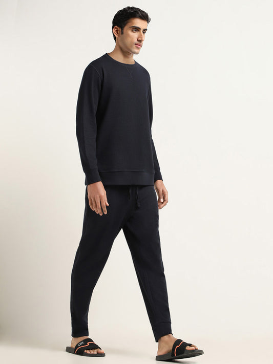 WES Lounge Navy Self-Patterned Cotton Blend Joggers