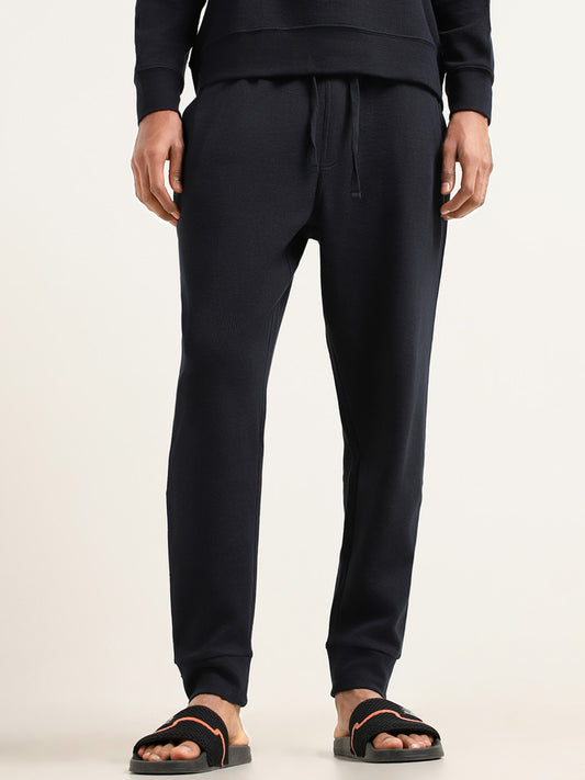 WES Lounge Navy Self-Patterned Cotton Blend Joggers