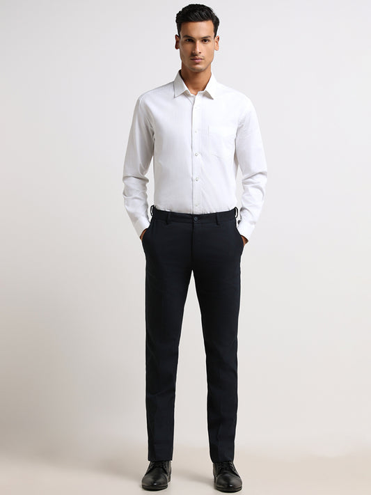 WES Formals Navy Cotton Slim-Fit Trousers