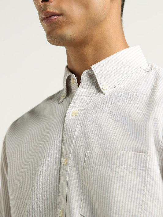 WES Casuals White Striped Cotton Relaxed Fit Shirt