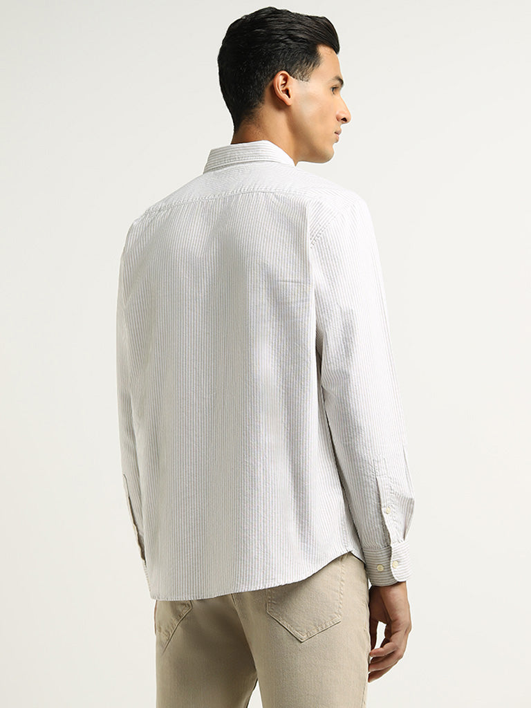 WES Casuals White Striped Cotton Relaxed Fit Shirt