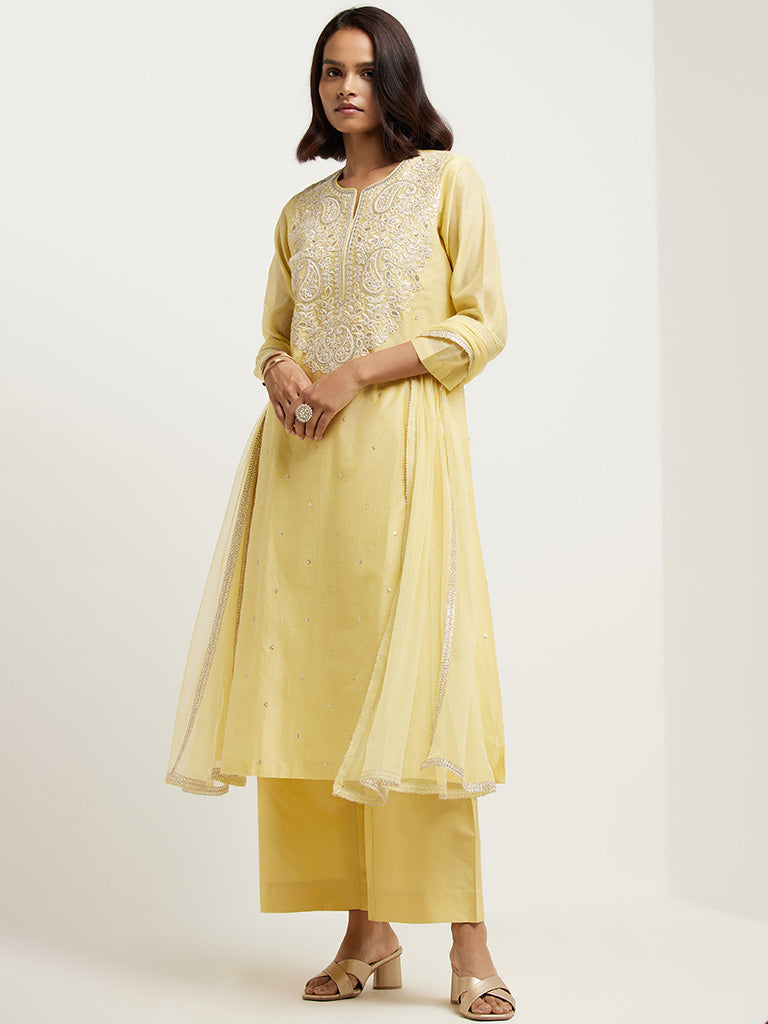 Buy Yellow Embroidered Kurta, Tights & Dupatta Set Online - W for