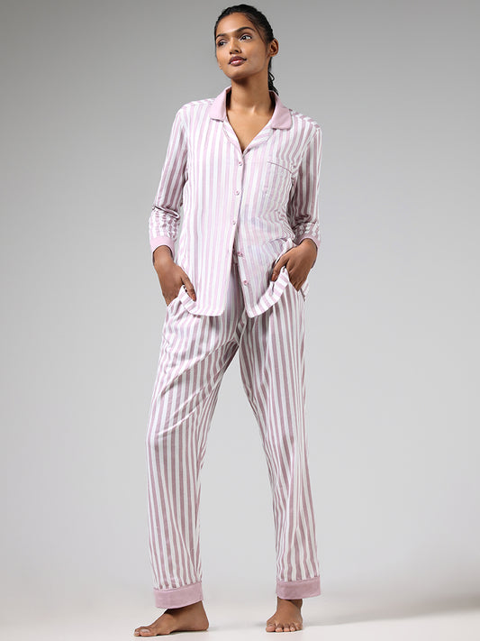Wunderlove Pink Striped Cotton Shirt and Pyjama Set