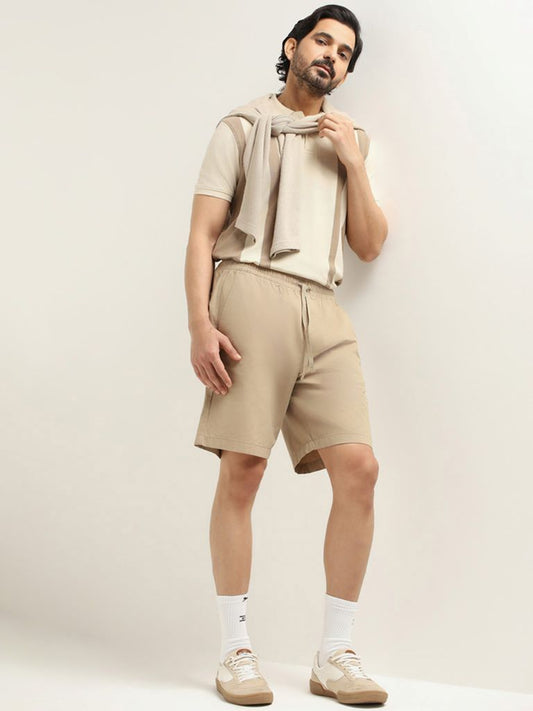 WES Lounge Beige Cotton Relaxed Fit Shorts