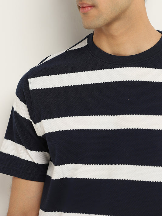 WES Lounge Navy Striped Cotton Blend Relaxed Fit T-Shirt