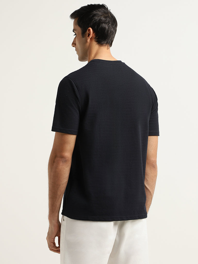 WES Lounge Navy Self-Patterned Cotton Blend Relaxed Fit T-Shirt