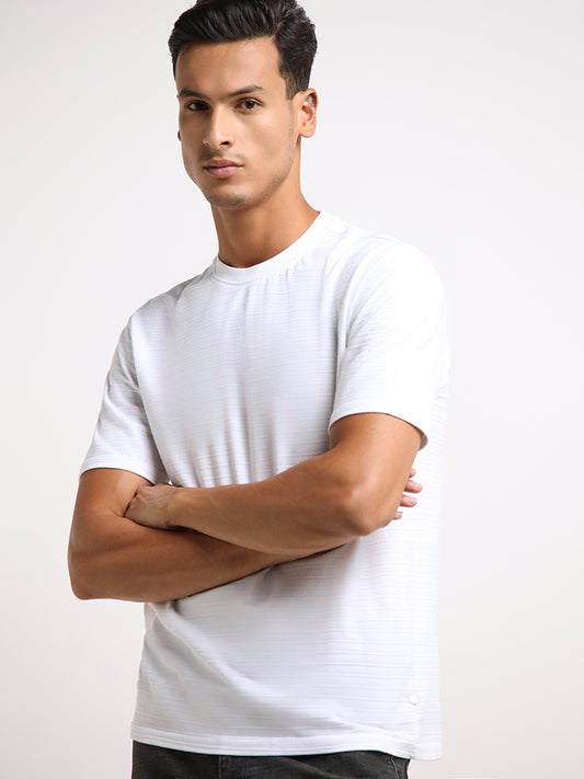 WES Lounge White Self-Striped Cotton Relaxed Fit T-Shirt