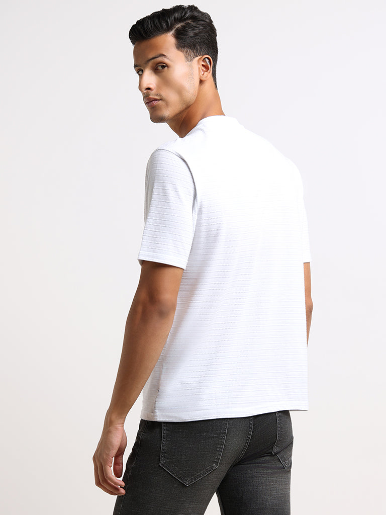WES Lounge White Self-Striped Cotton Relaxed Fit T-Shirt