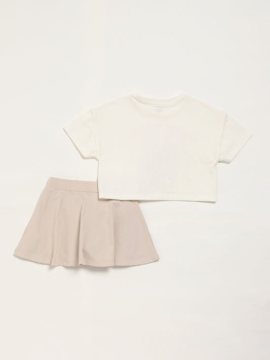 HOP Kids Beige Skirt with Printed Crop Top