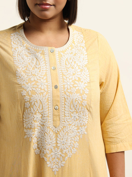Diza Yellow Embroidered Cotton Kurta