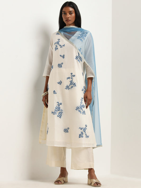 Vark Off-White Floral Embroidered A-Line Kurta, Pants and Dupatta Set
