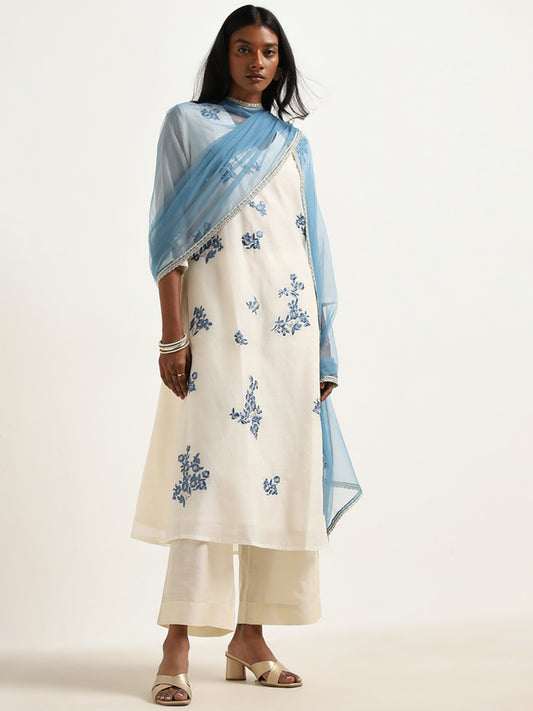 Vark Off-White Floral Embroidered A-Line Kurta, Pants and Dupatta Set