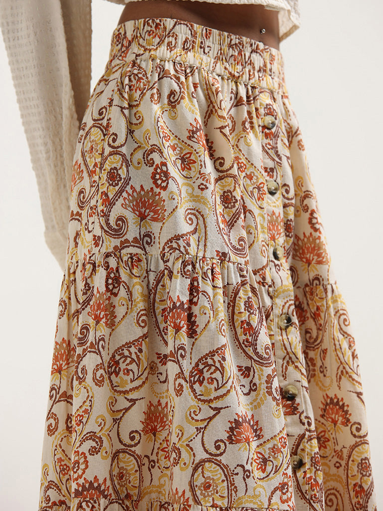 Bombay Paisley Off-White Printed Cotton Blend Button-Down Skirt