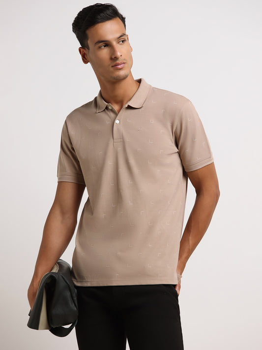 WES Casuals Beige Cotton Relaxed Fit Polo T-Shirt