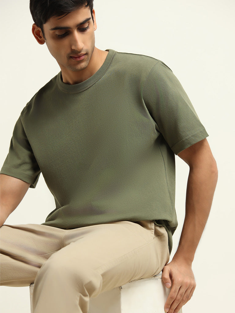 WES Casuals Green Cotton Relaxed Fit T-Shirt