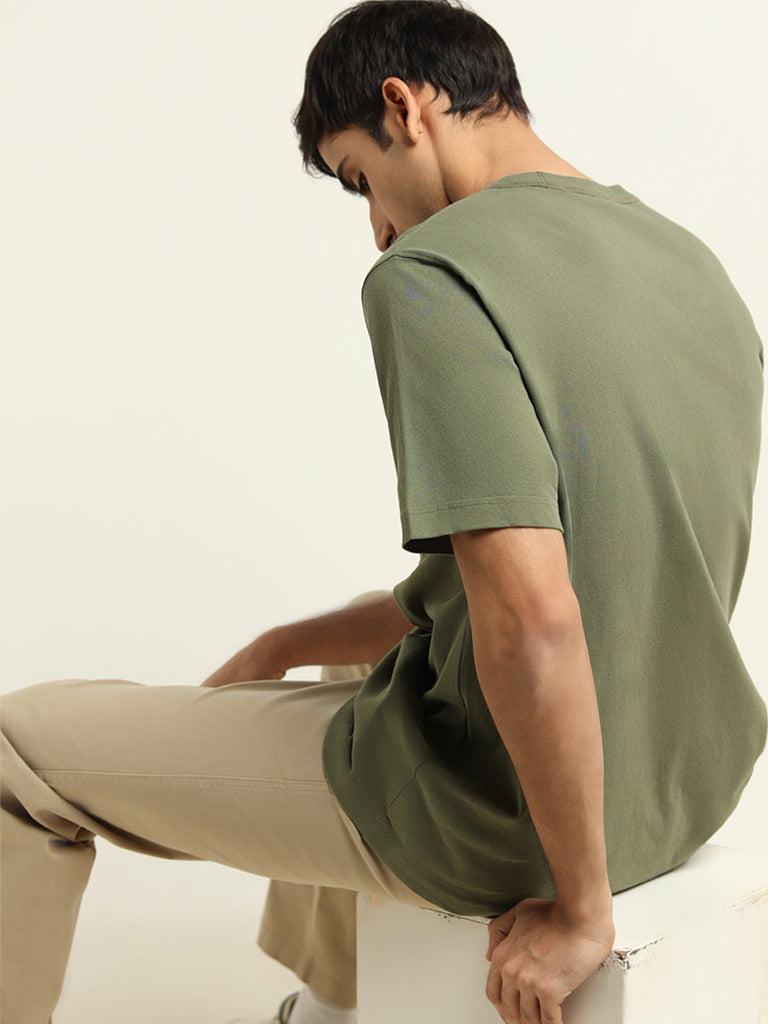 WES Casuals Green Cotton Relaxed Fit T-Shirt