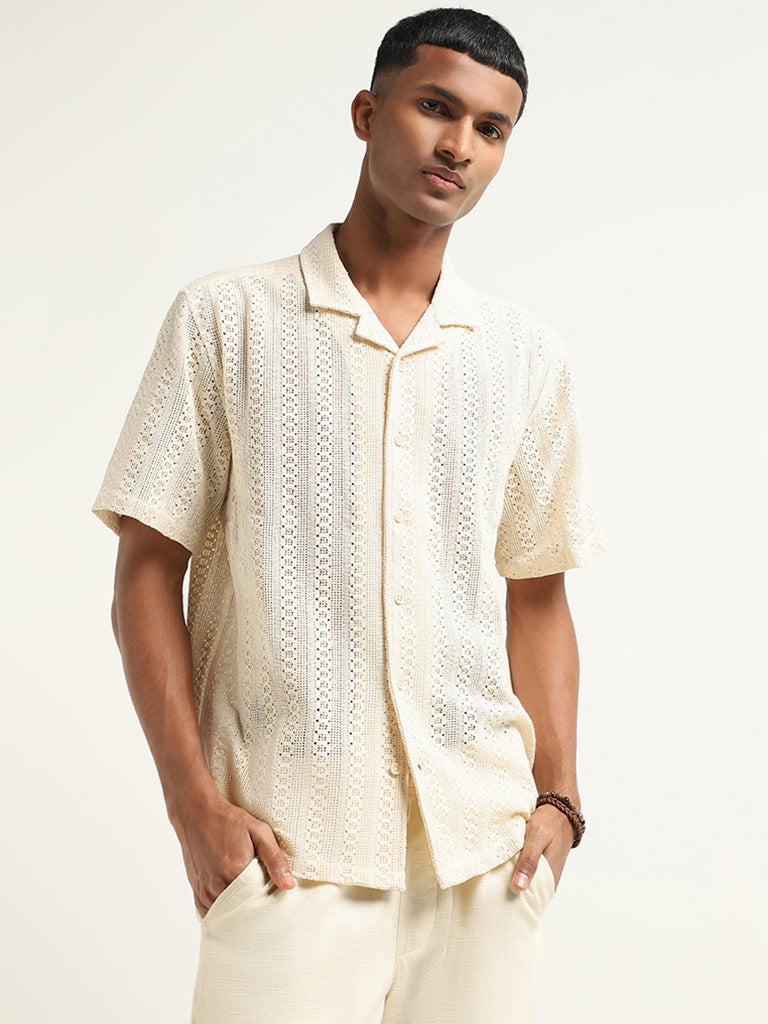 Buy ETA Solid Cream Crochet Relaxed Fit Shirt from Westside