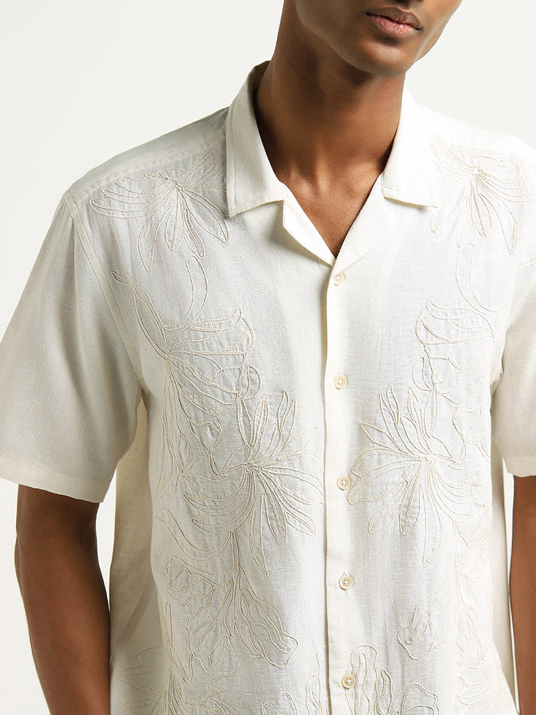 ETA Off-White Floral Embroidered Relaxed Fit Blended Linen Shirt