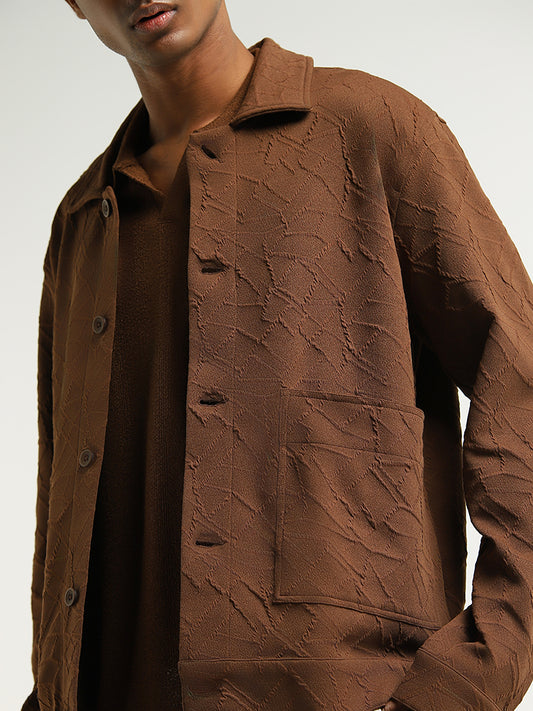 ETA Brown Self-Patterned Cotton Blend Relaxed Fit Jacket
