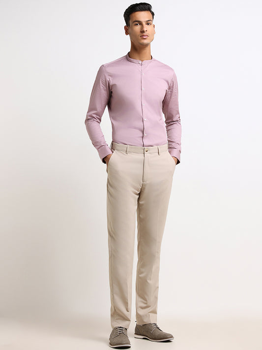 WES Formals Beige Cotton Straight-Cut Fit Trousers