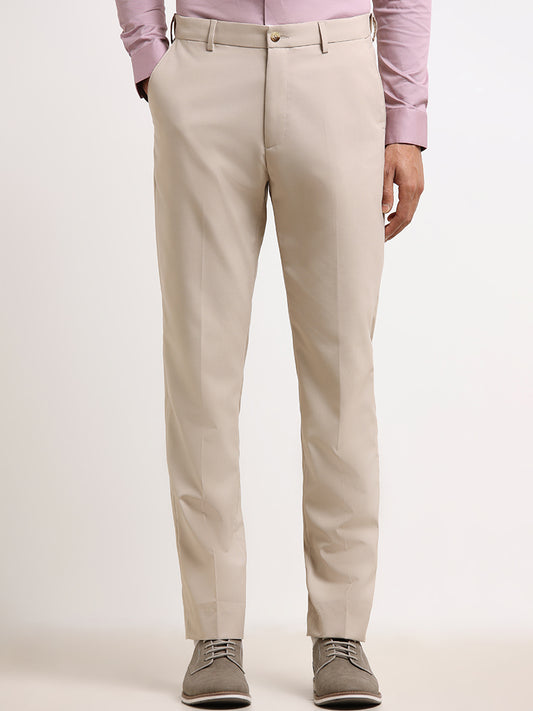 WES Formals Beige Cotton Straight-Cut Fit Trousers