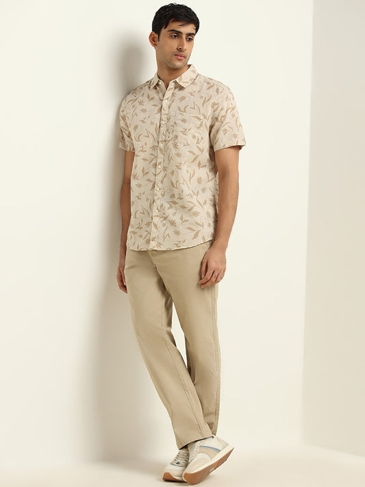 WES Casuals Beige Cotton Blend Relaxed Fit Chinos
