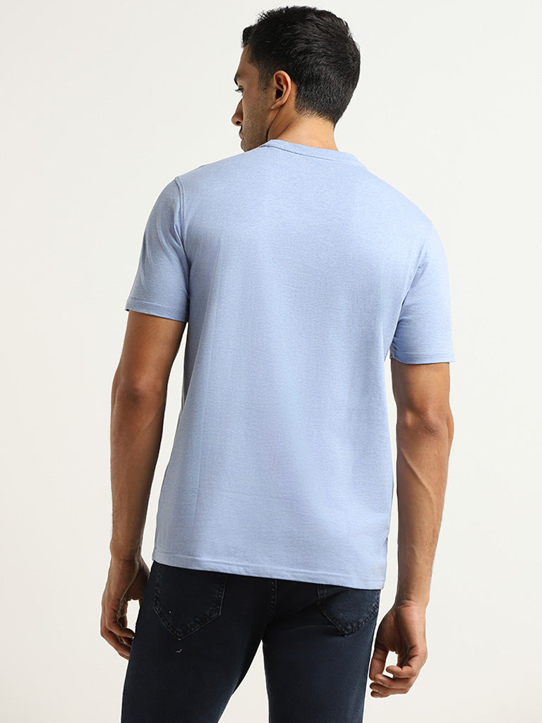 Westside WES Casuals Men's Blue Cotton Slim-Fit T-Shirt for Casual Wear Back View