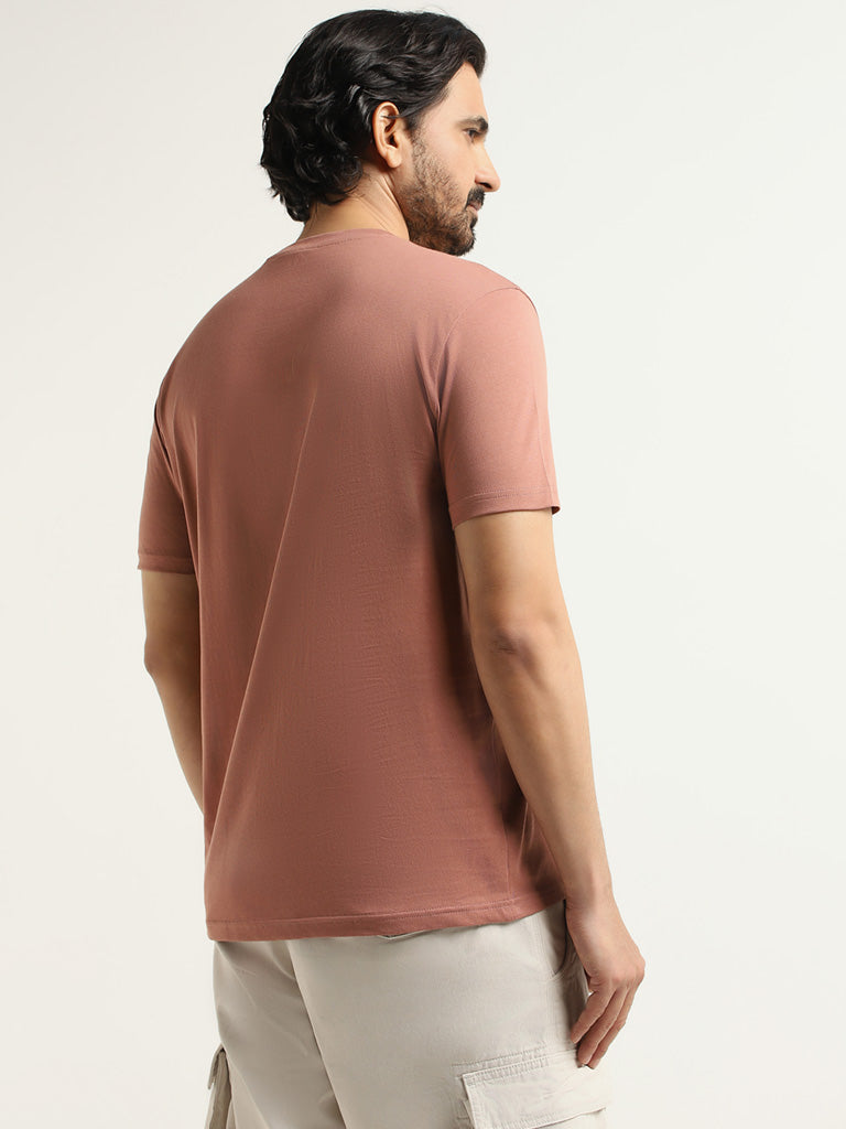 Westside WES Casuals Men's Light Pink Cotton Slim Fit T-Shirt for Casual Wear Back View